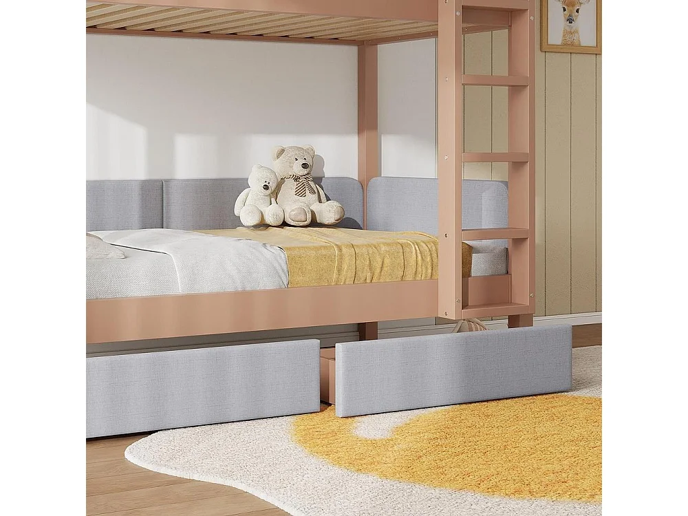 Lit superposé 90x200 cm et naturel pour enfants avec 2 tiroirs, escalier droit, mousse anti-collision, bois caoutchouc et MDF, gris