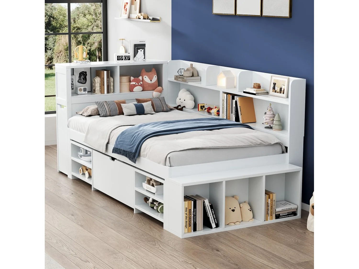 Lit Enfants 90x200cm, Multifonction Lit+2 Tiroirs+Biblio+Armoire, Rangement Grand Capacité, Cadre Lattes Ventilé, Blanc