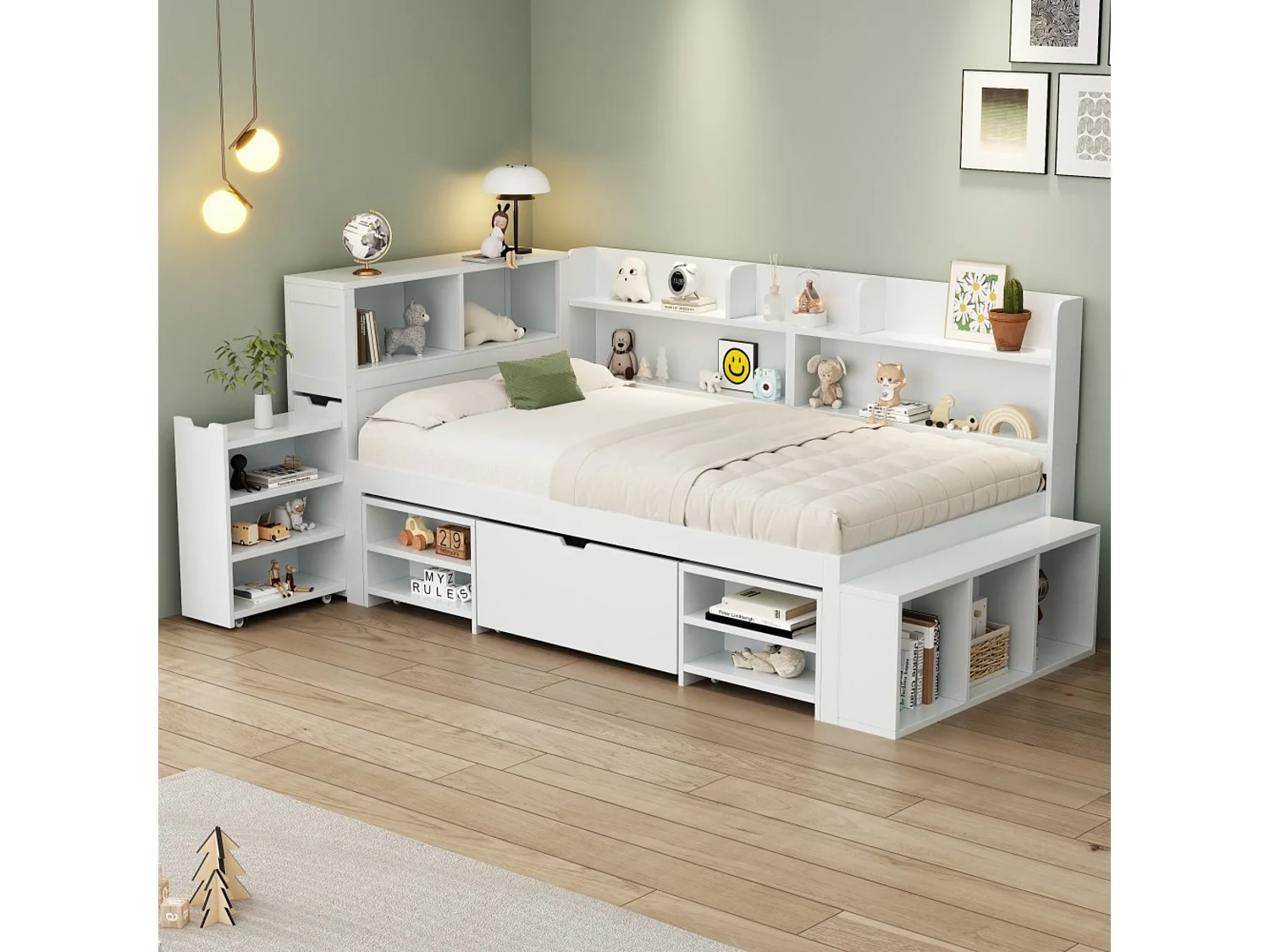 Lit Enfants 90x200cm, Multifonction Lit+2 Tiroirs+Biblio+Armoire, Rangement Grand Capacité, Cadre Lattes Ventilé, Blanc