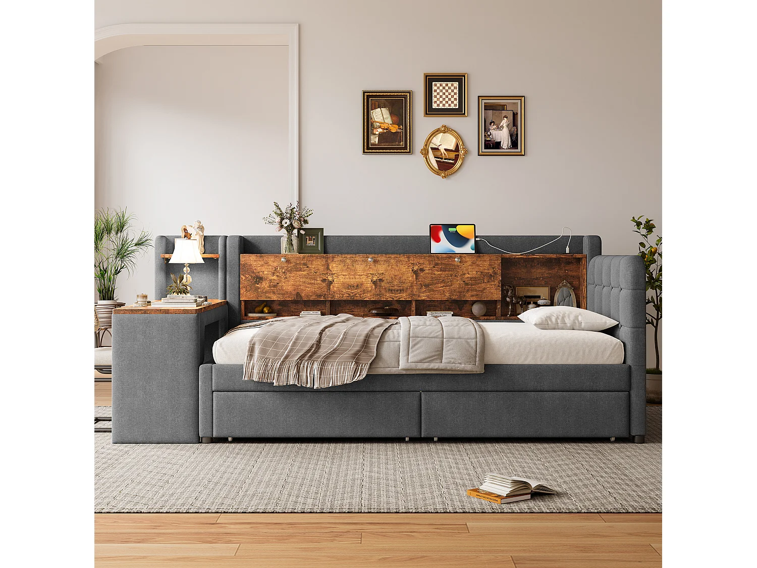Lit de jour 90x200 cm, avec 2 tiroirs, bureau, USB C, rangement rabattable, étagère, sommier à lattes, gris