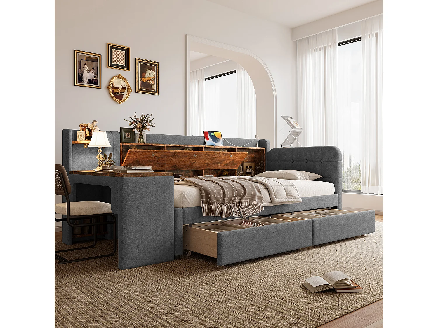 Lit de jour 90x200 cm, avec 2 tiroirs, bureau, USB C, rangement rabattable, étagère, sommier à lattes, gris