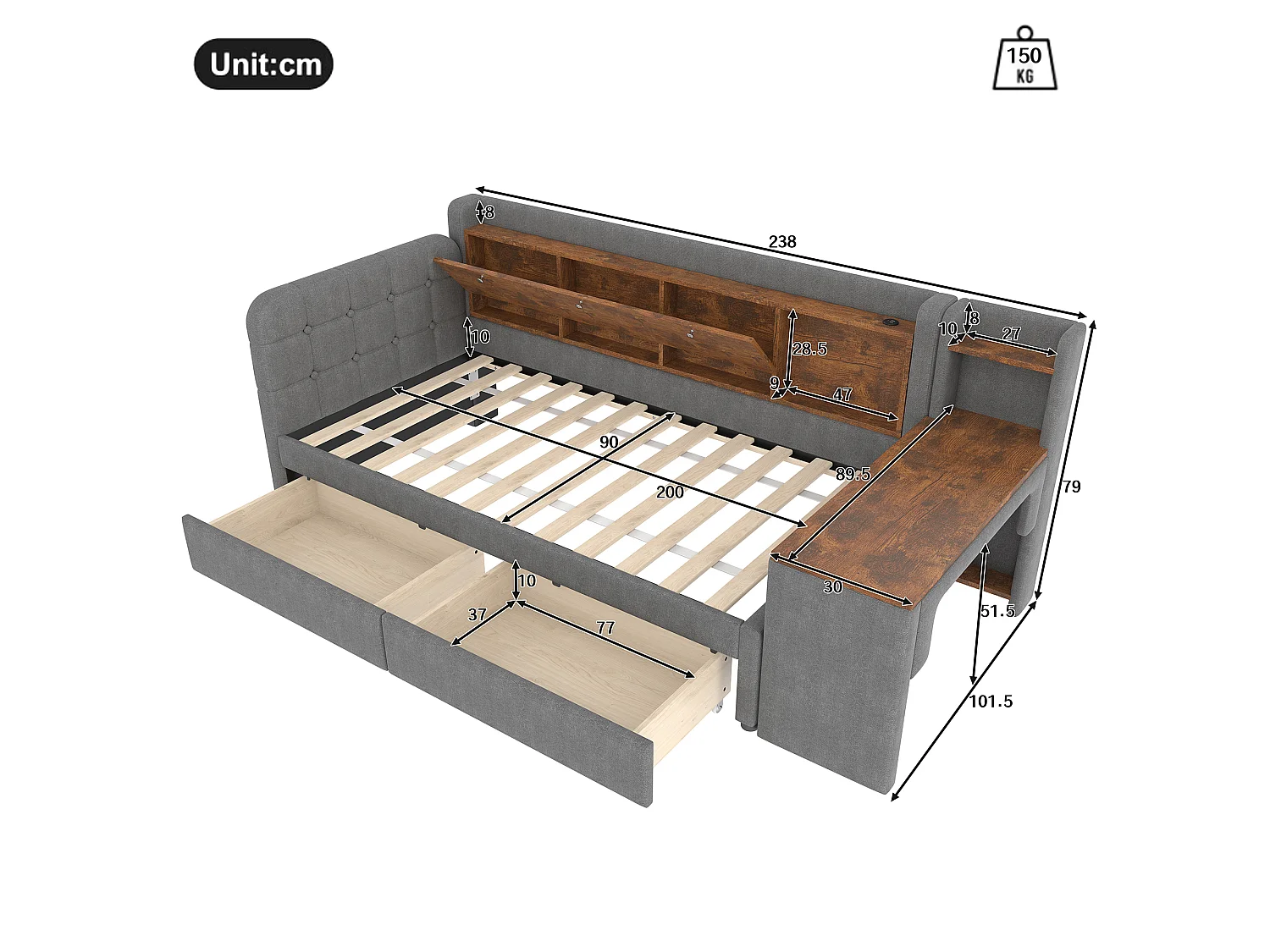 Lit de jour 90x200 cm, avec 2 tiroirs, bureau, USB C, rangement rabattable, étagère, sommier à lattes, gris