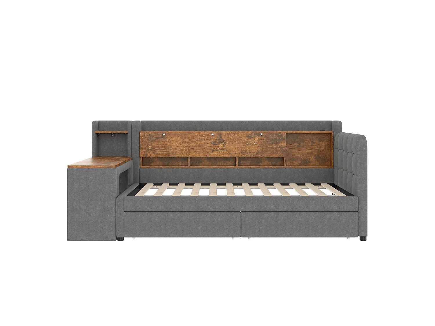 Lit de jour 90x200 cm, avec 2 tiroirs, bureau, USB C, rangement rabattable, étagère, sommier à lattes, gris