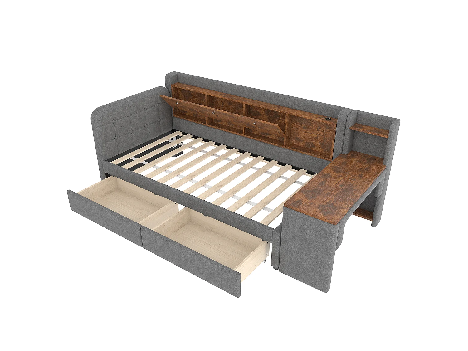 Lit de jour 90x200 cm, avec 2 tiroirs, bureau, USB C, rangement rabattable, étagère, sommier à lattes, gris