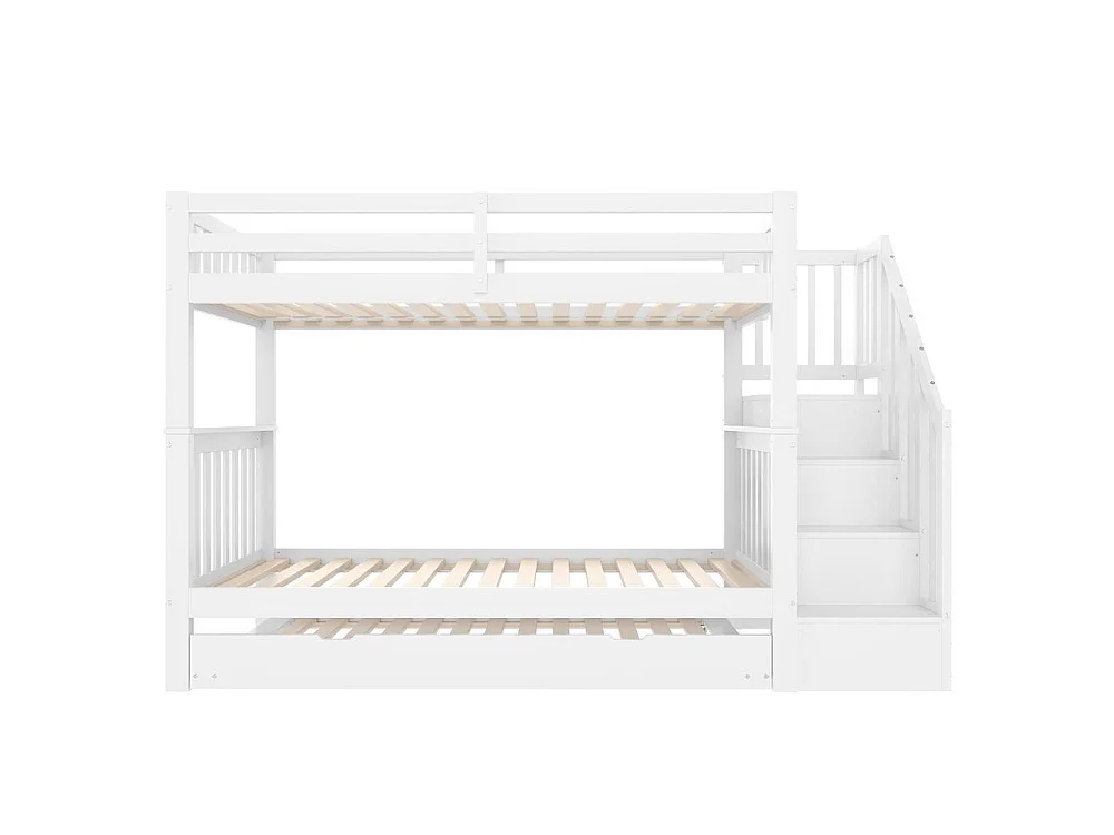 Lit superposé 90x200 cm avec lit gigogne, étagères escalier, garde-corps élevé, bois massif et MDF, sans matelas, blanc