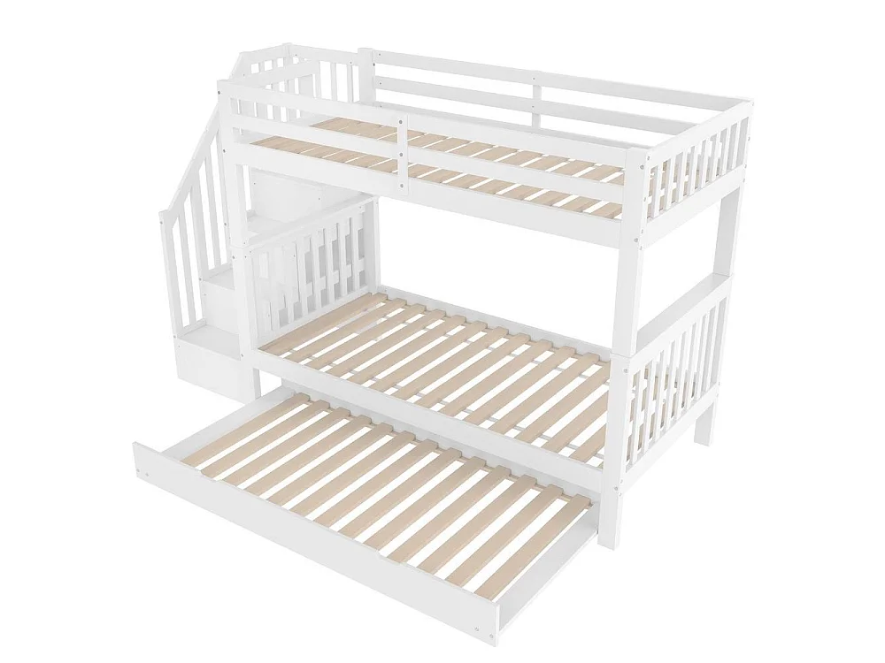 Lit superposé 90x200 cm avec lit gigogne, étagères escalier, garde-corps élevé, bois massif et MDF, sans matelas, blanc