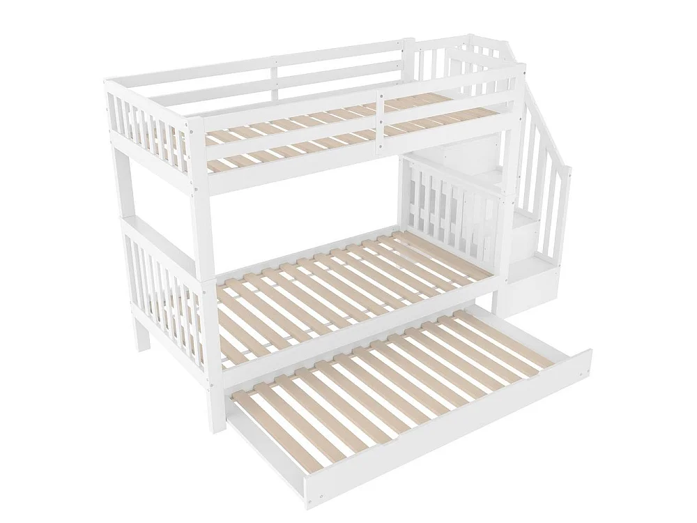 Lit superposé 90x200 cm avec lit gigogne, étagères escalier, garde-corps élevé, bois massif et MDF, sans matelas, blanc