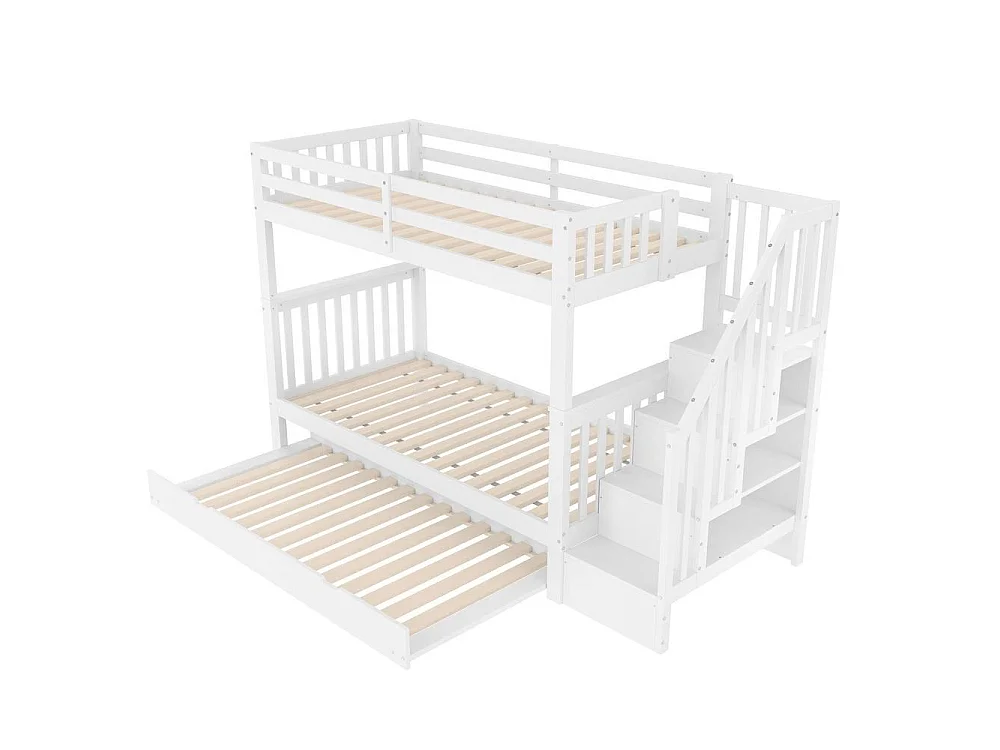 Lit superposé 90x200 cm avec lit gigogne, étagères escalier, garde-corps élevé, bois massif et MDF, sans matelas, blanc
