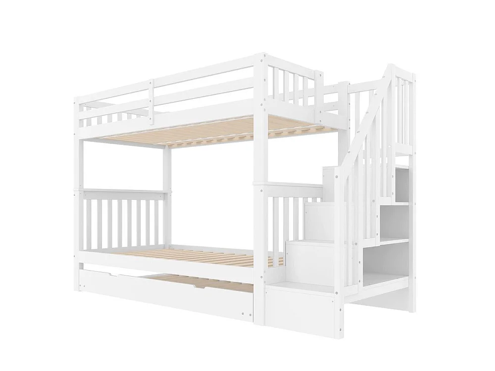 Lit superposé 90x200 cm avec lit gigogne, étagères escalier, garde-corps élevé, bois massif et MDF, sans matelas, blanc