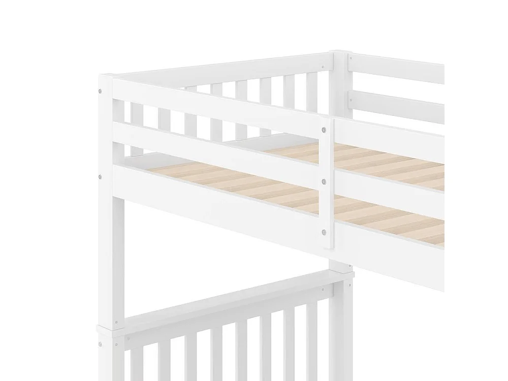 Lit superposé 90x200 cm avec lit gigogne, étagères escalier, garde-corps élevé, bois massif et MDF, sans matelas, blanc