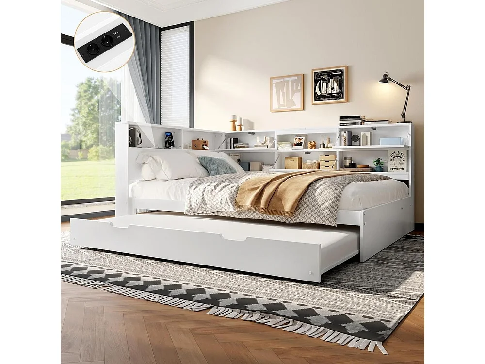 Daybed 140x200 cm lit canapé avec tiroir extensible, tête de lit rangement, USB Type C, design moderne multifonction, blanc