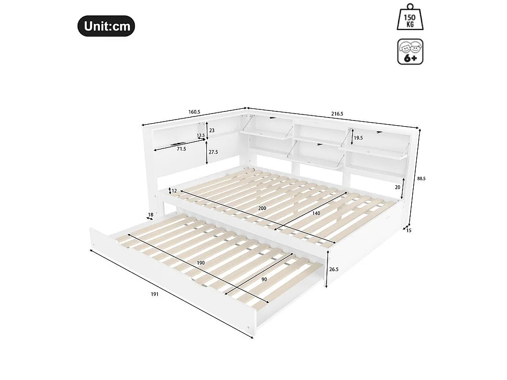 Daybed 140x200 cm lit canapé avec tiroir extensible, tête de lit rangement, USB Type C, design moderne multifonction, blanc
