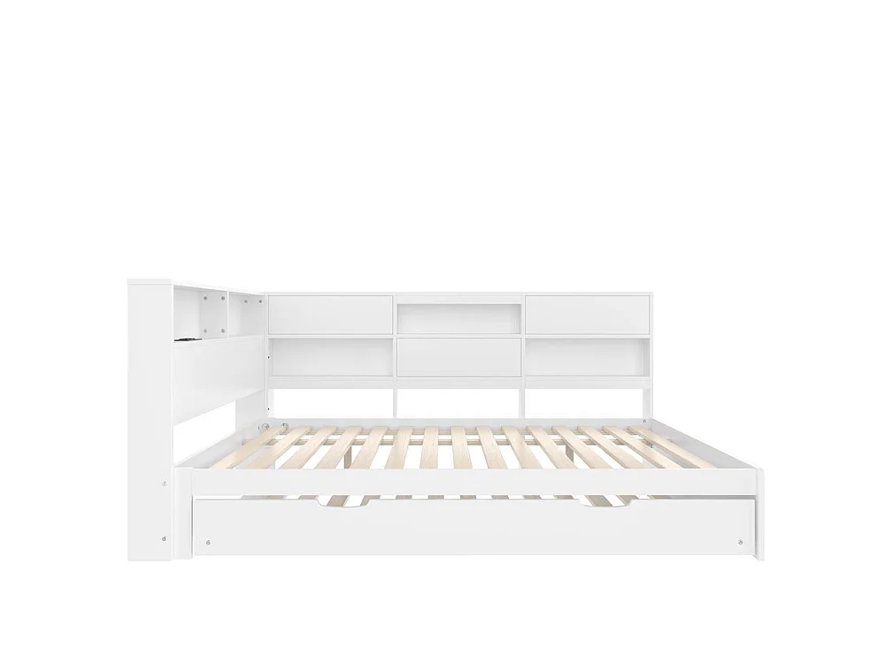 Daybed 140x200 cm lit canapé avec tiroir extensible, tête de lit rangement, USB Type C, design moderne multifonction, blanc