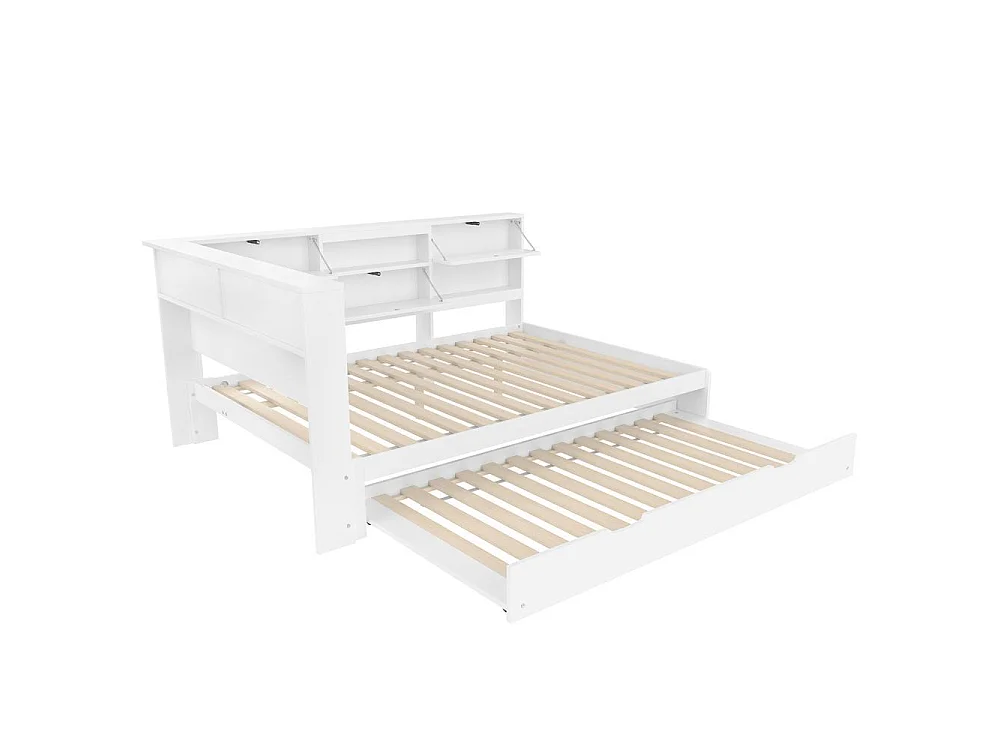 Daybed 140x200 cm lit canapé avec tiroir extensible, tête de lit rangement, USB Type C, design moderne multifonction, blanc