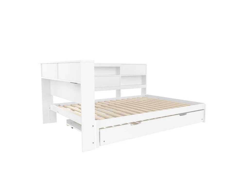 Daybed 140x200 cm lit canapé avec tiroir extensible, tête de lit rangement, USB Type C, design moderne multifonction, blanc