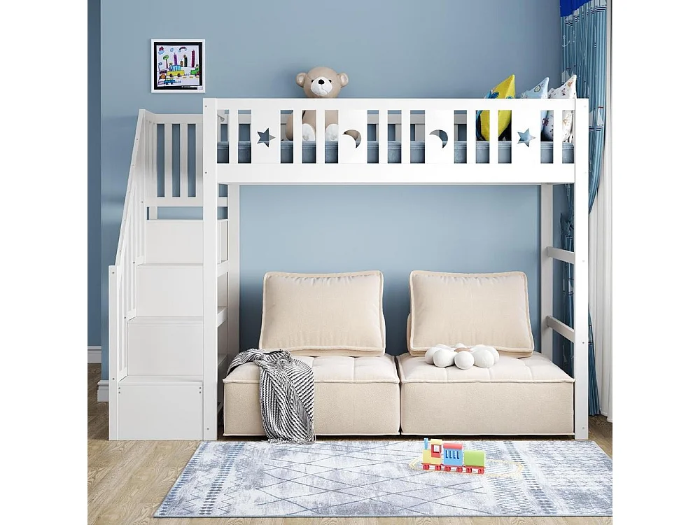 Lit superposé enfant 90x200 cm avec escalier, bois massif, barrière sécurité, décoration étoile lune, blanc