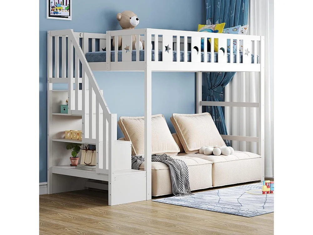 Lit superposé enfant 90x200 cm avec escalier, bois massif, barrière sécurité, décoration étoile lune, blanc