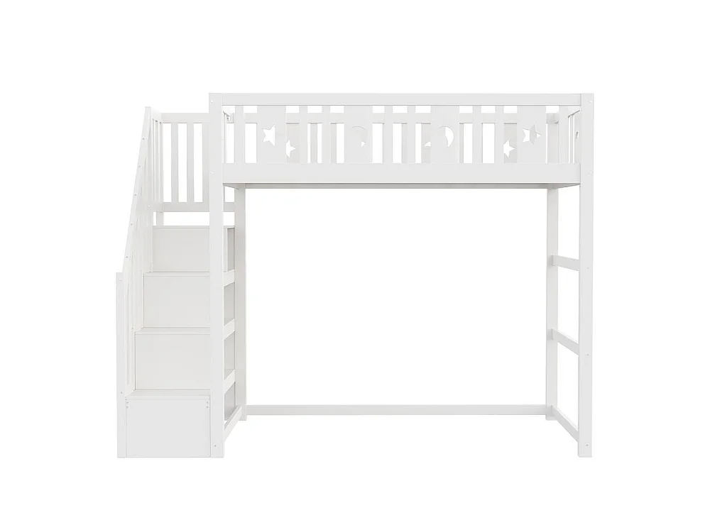 Lit superposé enfant 90x200 cm avec escalier, bois massif, barrière sécurité, décoration étoile lune, blanc