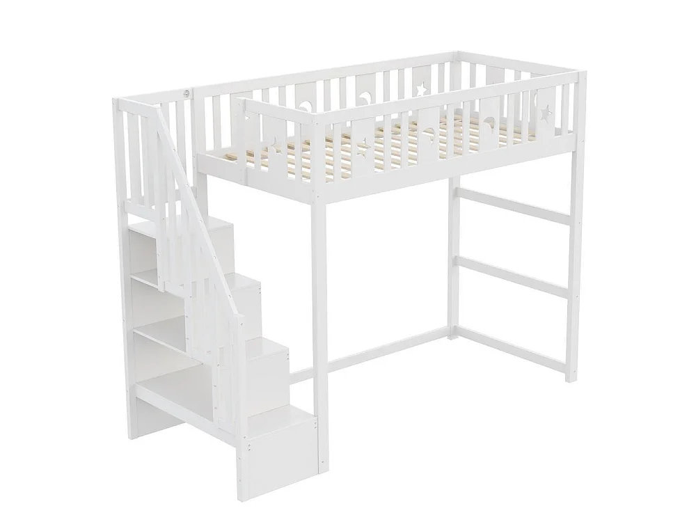 Lit superposé enfant 90x200 cm avec escalier, bois massif, barrière sécurité, décoration étoile lune, blanc