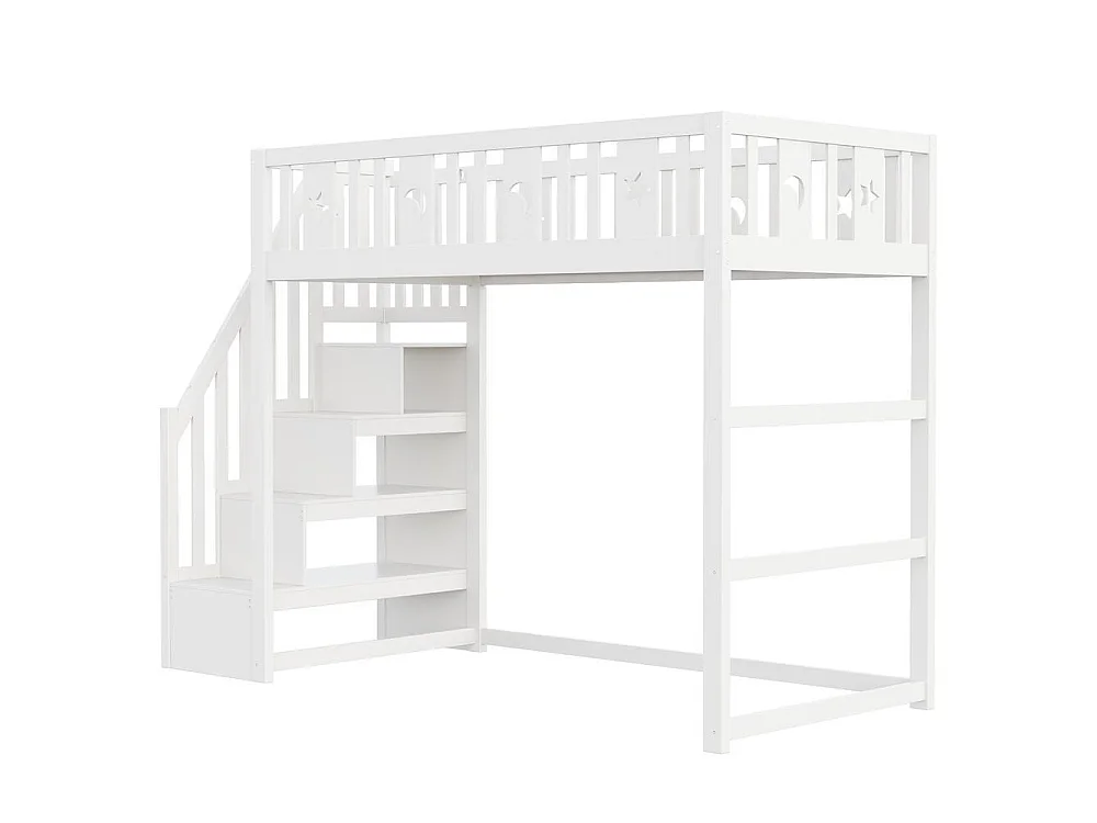 Lit superposé enfant 90x200 cm avec escalier, bois massif, barrière sécurité, décoration étoile lune, blanc
