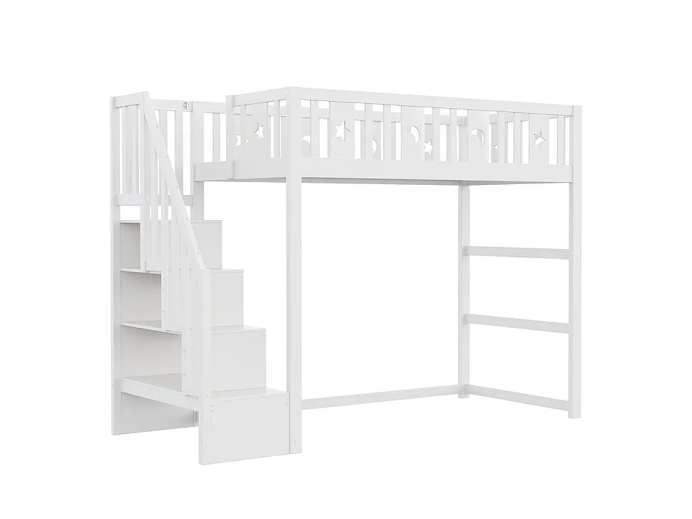 Lit superposé enfant 90x200 cm avec escalier, bois massif, barrière sécurité, décoration étoile lune, blanc