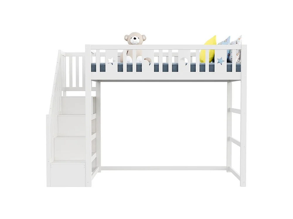 Lit superposé enfant 90x200 cm avec escalier, bois massif, barrière sécurité, décoration étoile lune, blanc