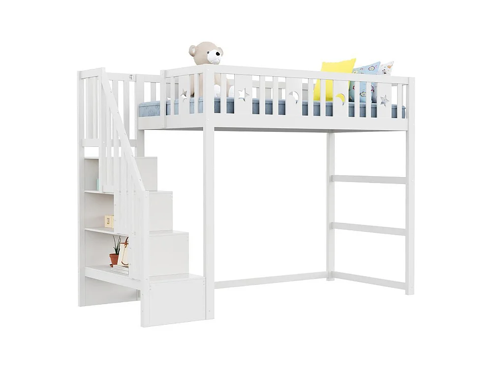 Lit superposé enfant 90x200 cm avec escalier, bois massif, barrière sécurité, décoration étoile lune, blanc