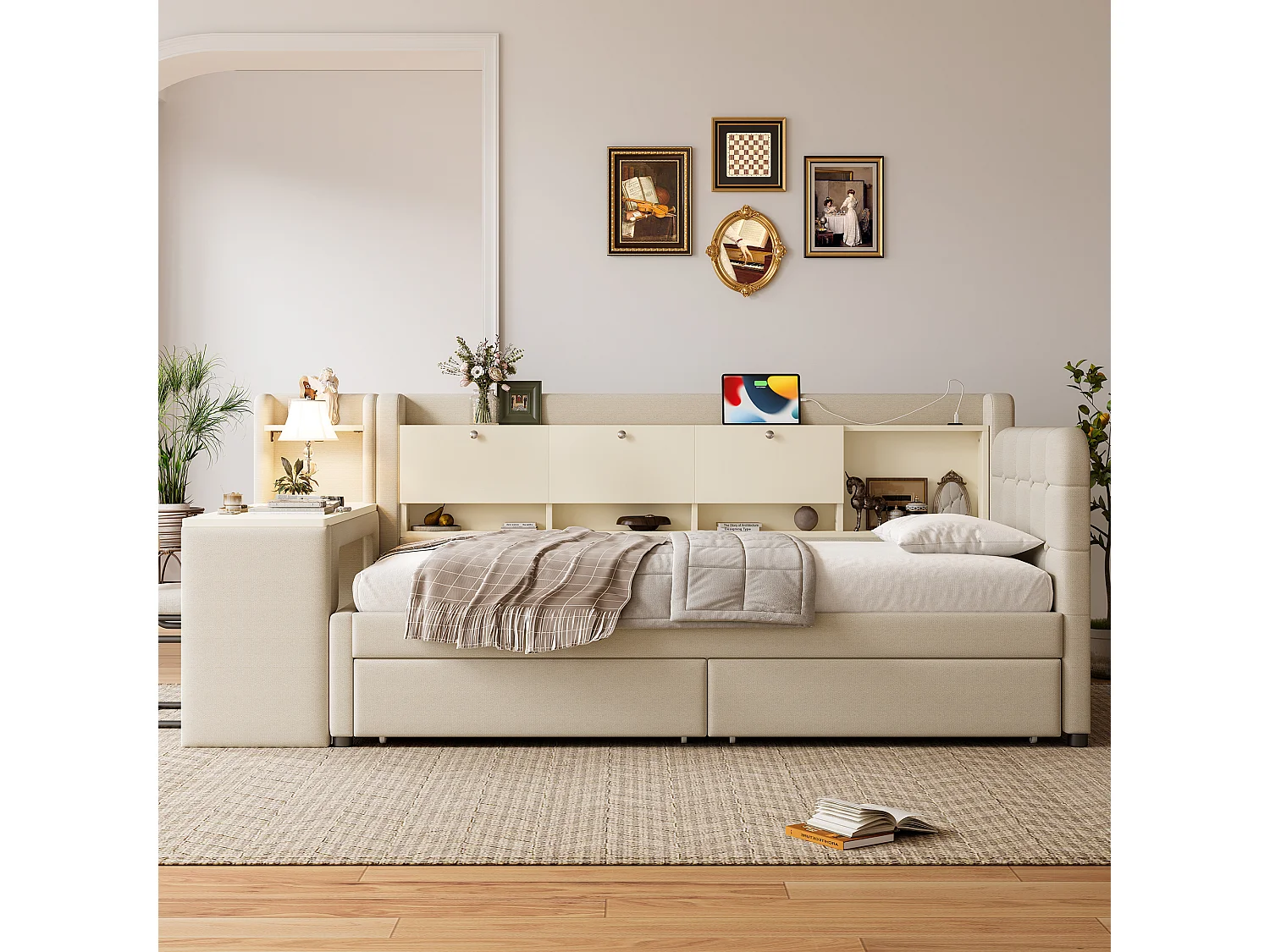 Lit de jour 90x200 cm, avec 2 tiroirs, bureau, USB C, rangement rabattable, étagère, sommier à lattes, beige