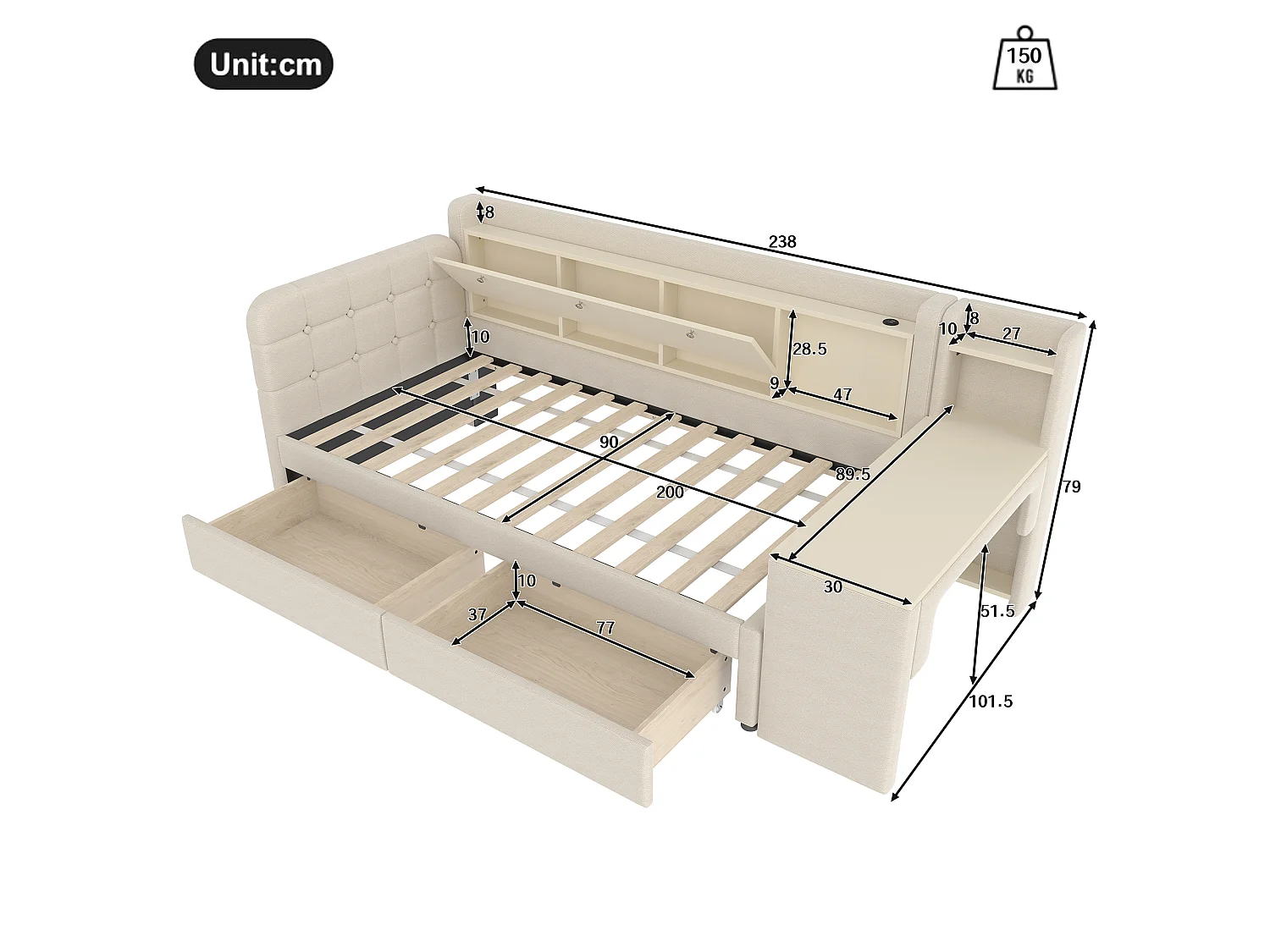 Lit de jour 90x200 cm, avec 2 tiroirs, bureau, USB C, rangement rabattable, étagère, sommier à lattes, beige