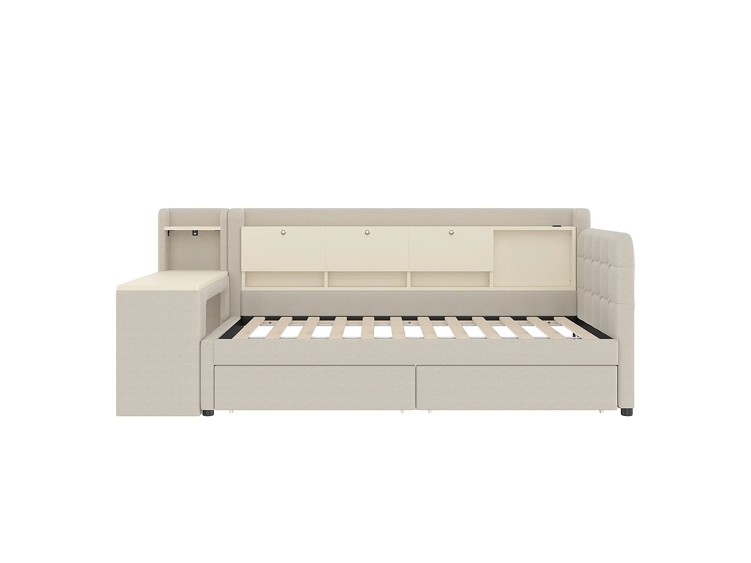 Lit de jour 90x200 cm, avec 2 tiroirs, bureau, USB C, rangement rabattable, étagère, sommier à lattes, beige