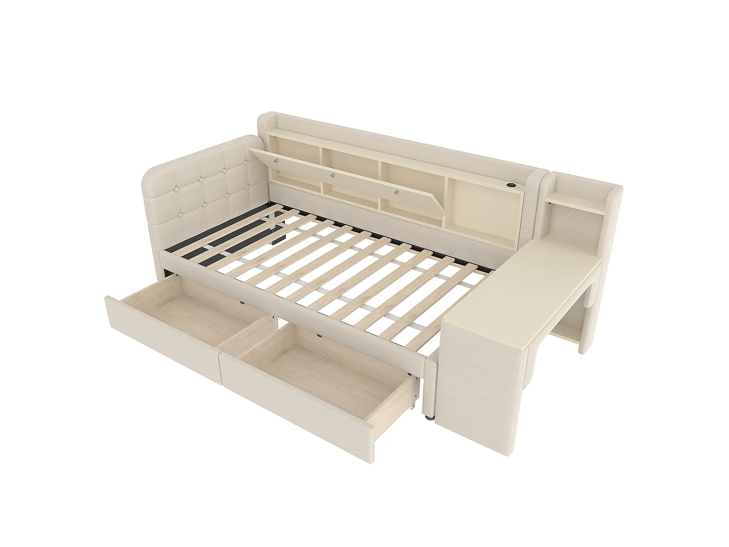 Lit de jour 90x200 cm, avec 2 tiroirs, bureau, USB C, rangement rabattable, étagère, sommier à lattes, beige