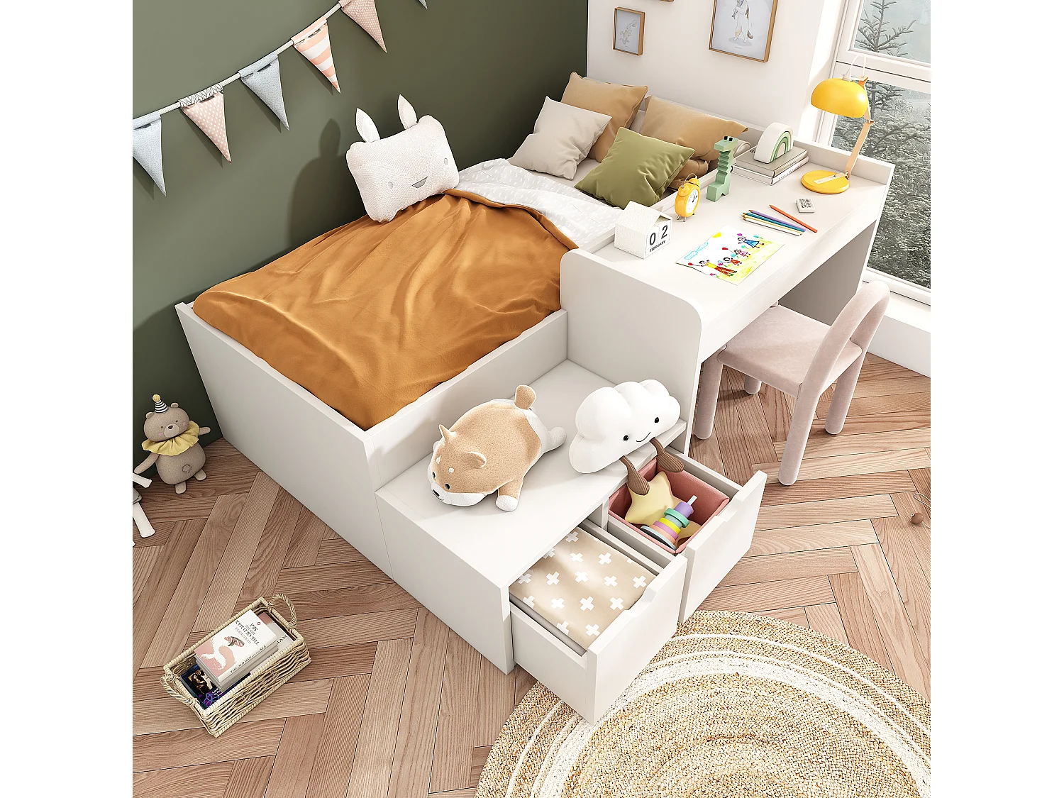 Lit Enfant 90x200, Bois Massif, Bureau + 2 Tiroirs, Storaum, Matelas Non Inclus, Blanc