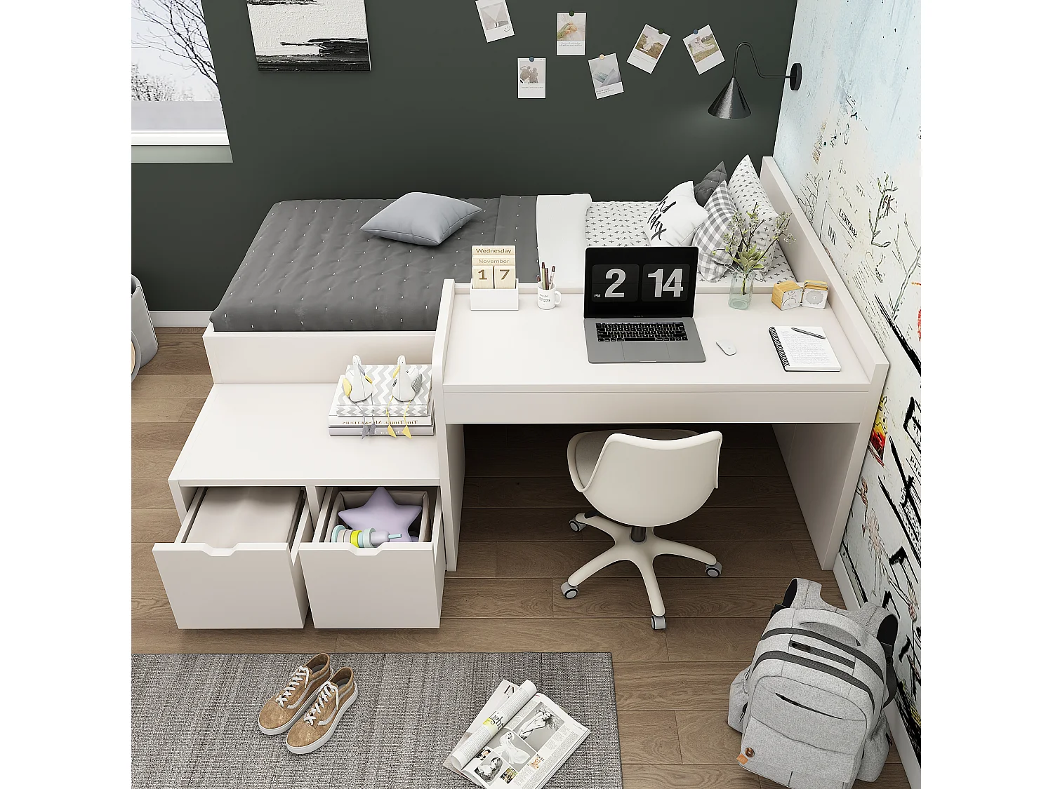 Lit Enfant 90x200, Bois Massif, Bureau + 2 Tiroirs, Storaum, Matelas Non Inclus, Blanc