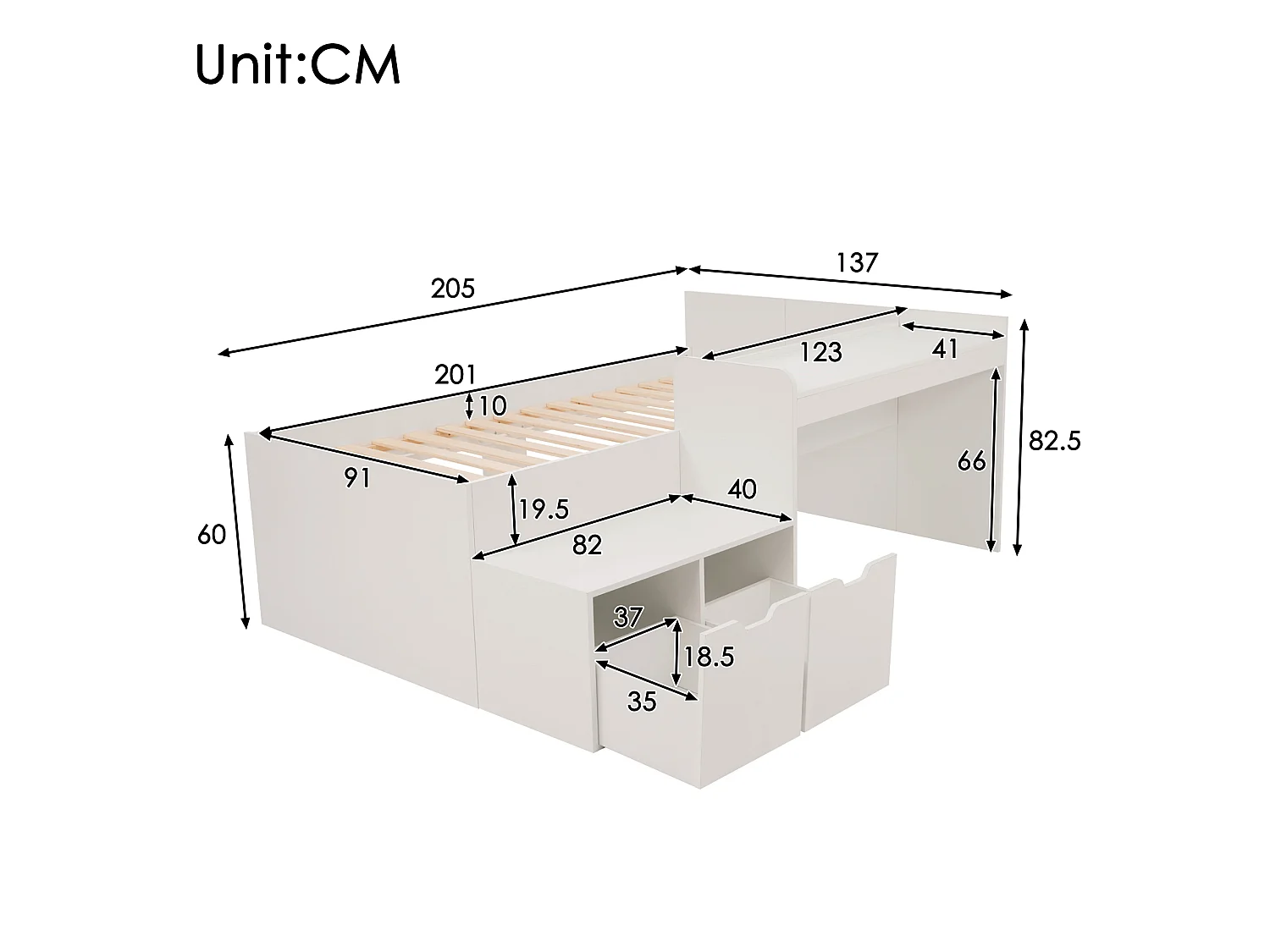 Lit Enfant 90x200, Bois Massif, Bureau + 2 Tiroirs, Storaum, Matelas Non Inclus, Blanc