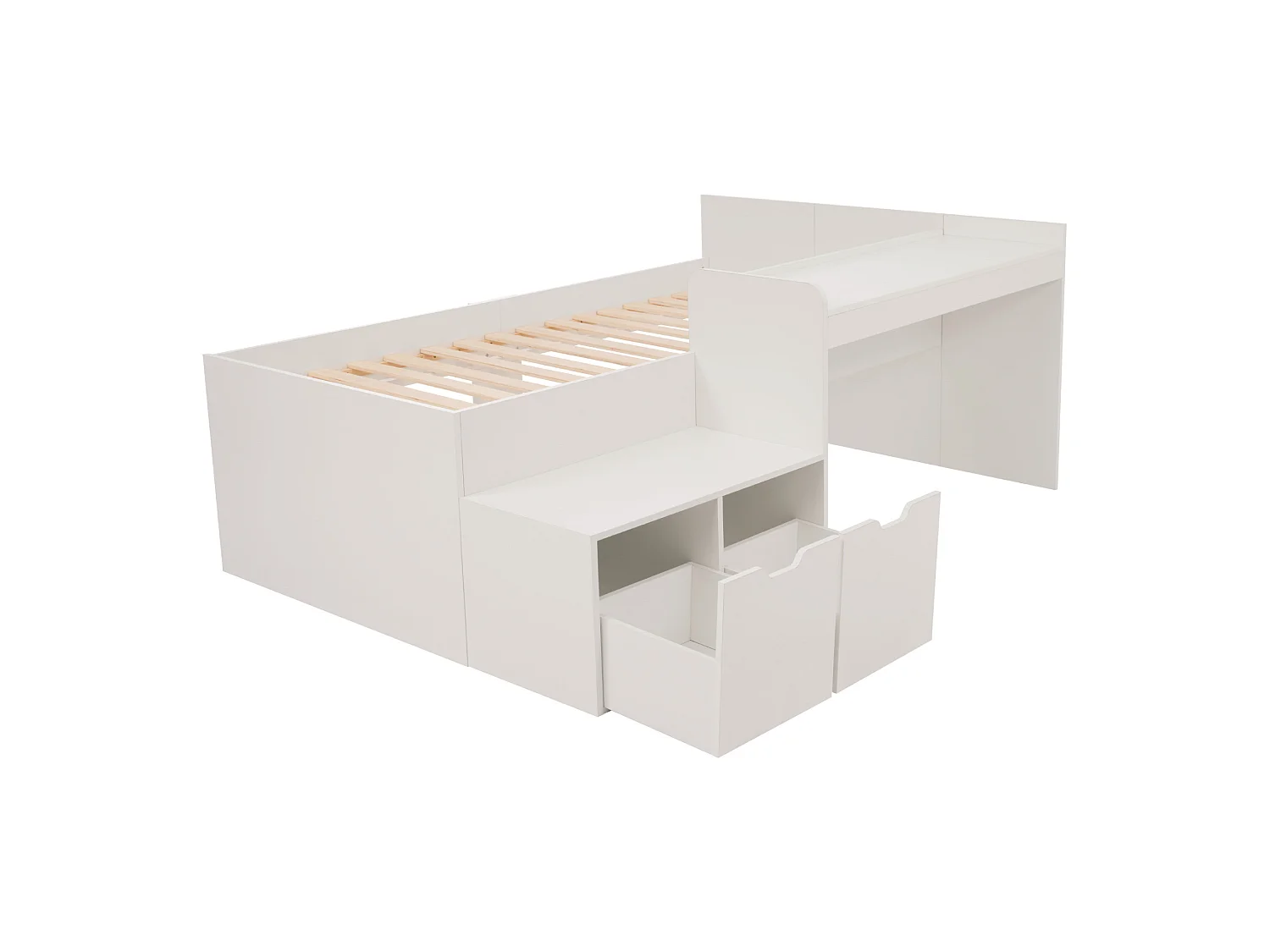 Lit Enfant 90x200, Bois Massif, Bureau + 2 Tiroirs, Storaum, Matelas Non Inclus, Blanc