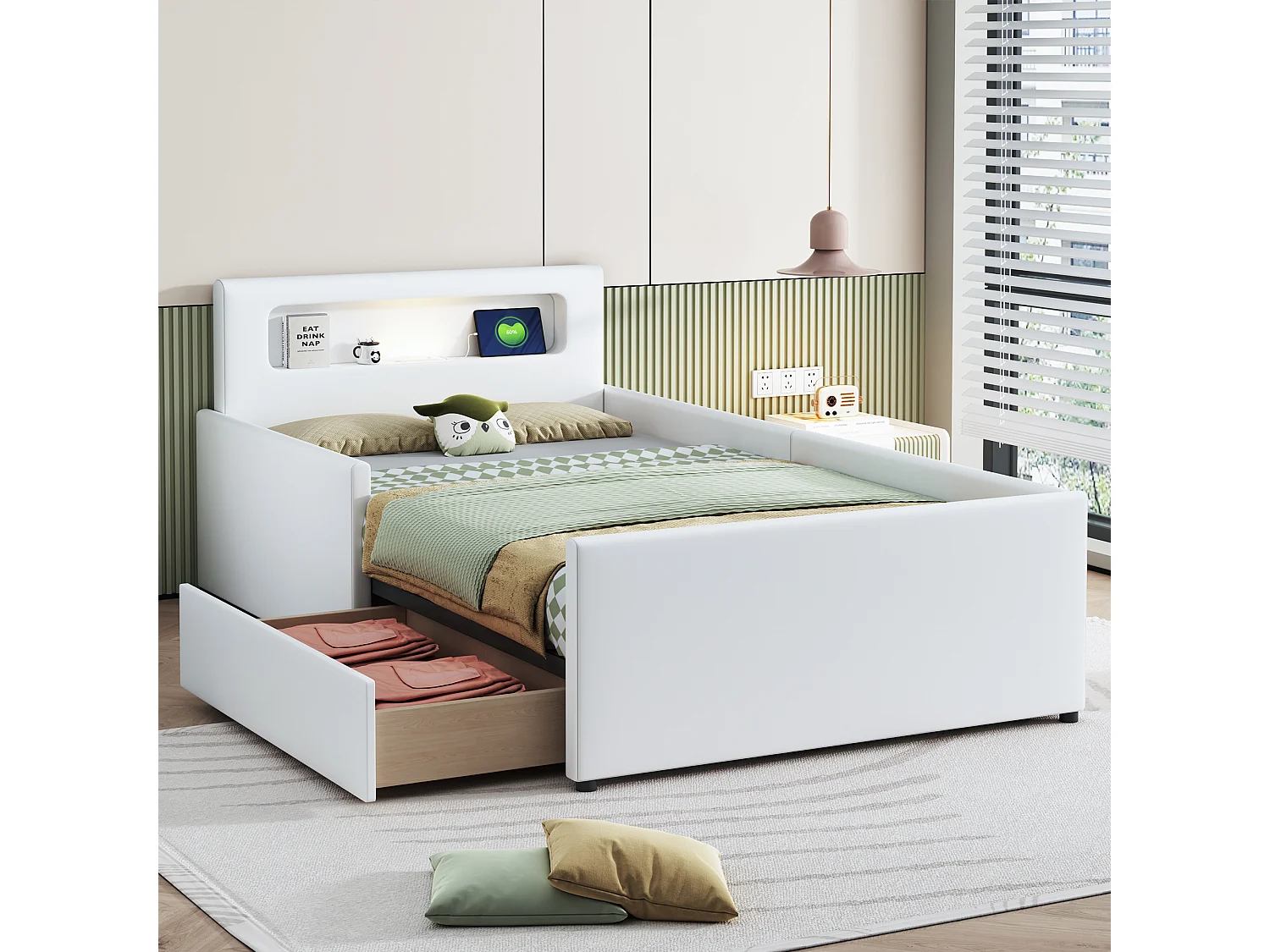 Lit enfant tapissier 90x200 cm avec USB, veilleuse intégrée, rangements, côtés surélevés, similicuir blanc