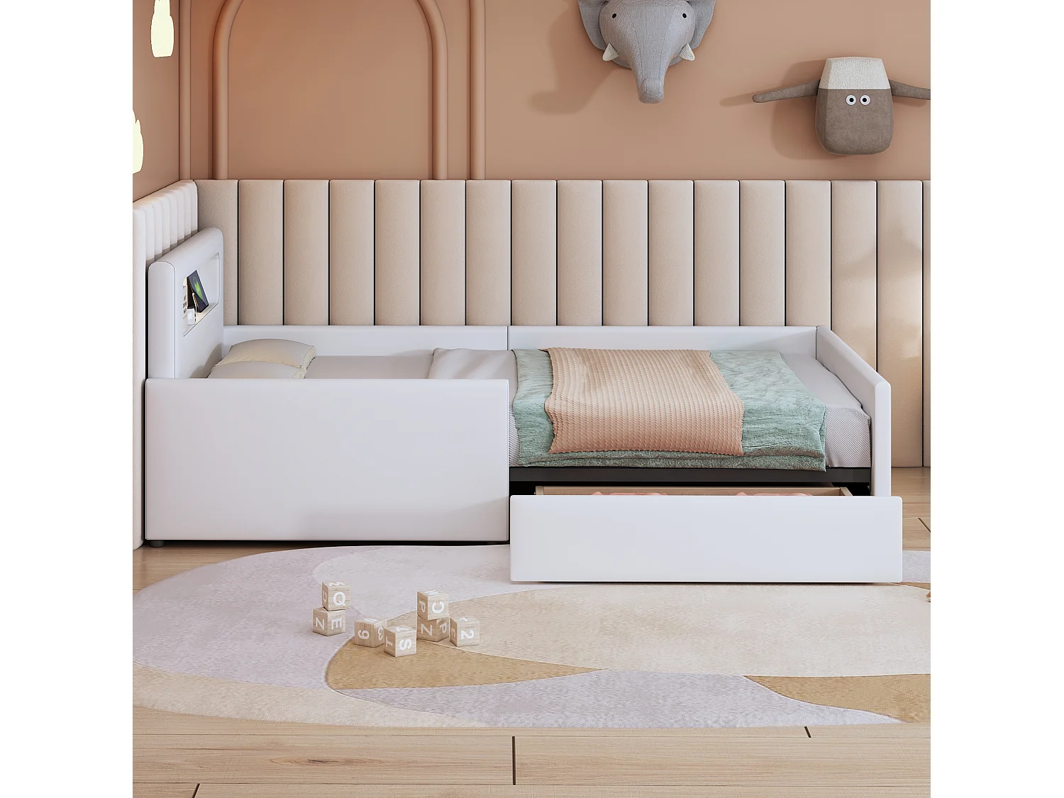 Lit enfant tapissier 90x200 cm avec USB, veilleuse intégrée, rangements, côtés surélevés, similicuir blanc
