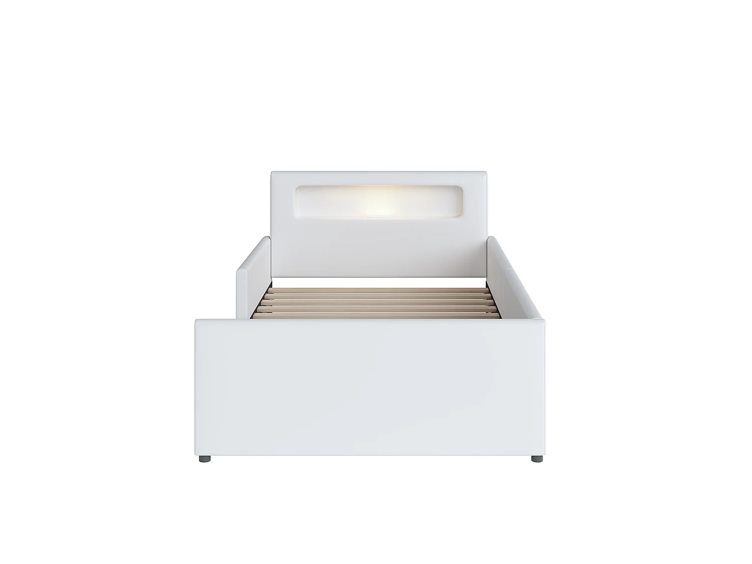 Lit enfant tapissier 90x200 cm avec USB, veilleuse intégrée, rangements, côtés surélevés, similicuir blanc