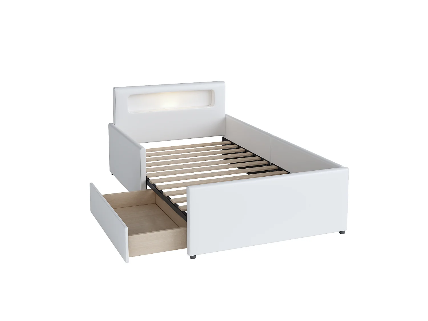 Lit enfant tapissier 90x200 cm avec USB, veilleuse intégrée, rangements, côtés surélevés, similicuir blanc