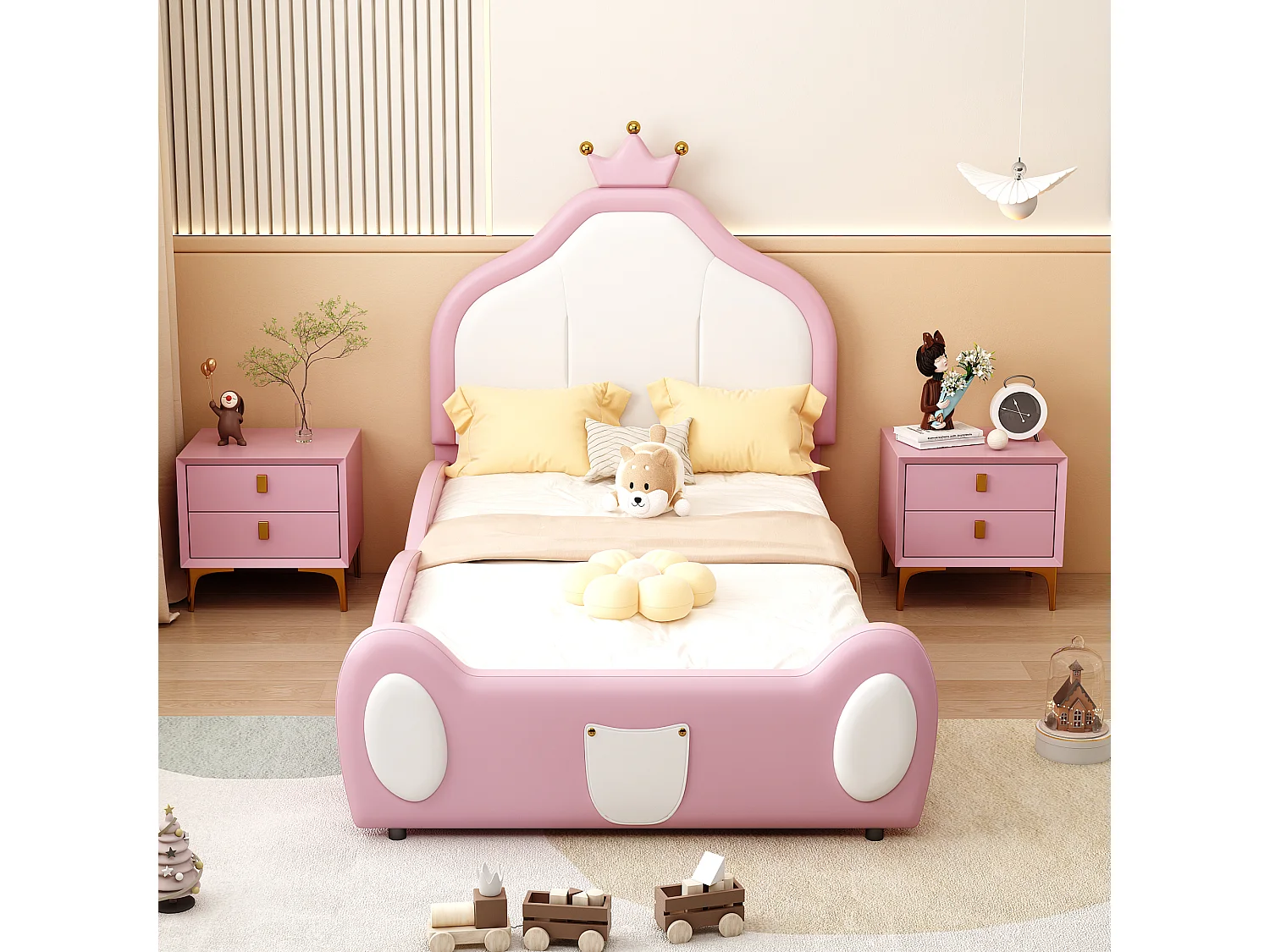 Lit Capitonné Enfant 90x200 cm, Rose, Couronne, Tête, Pied, Bicolore, Cuir PU, 200KG, Stable, Sans Matelas, Design Princesse