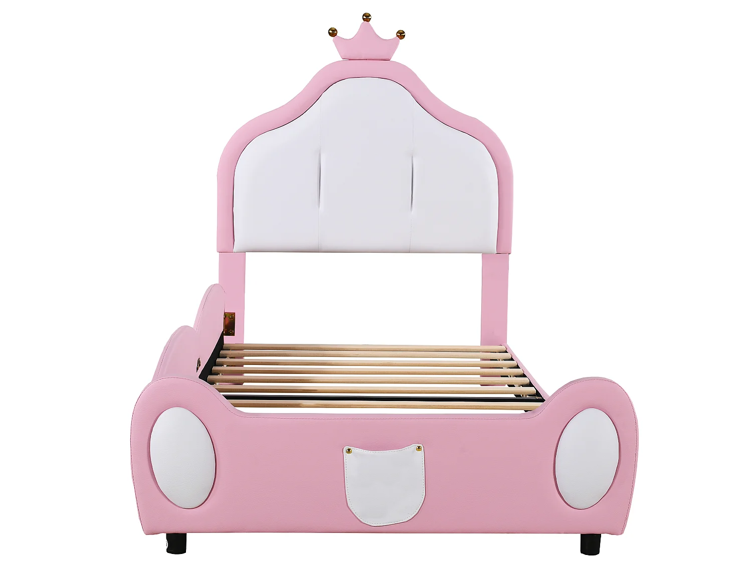 Lit Capitonné Enfant 90x200 cm, Rose, Couronne, Tête, Pied, Bicolore, Cuir PU, 200KG, Stable, Sans Matelas, Design Princesse