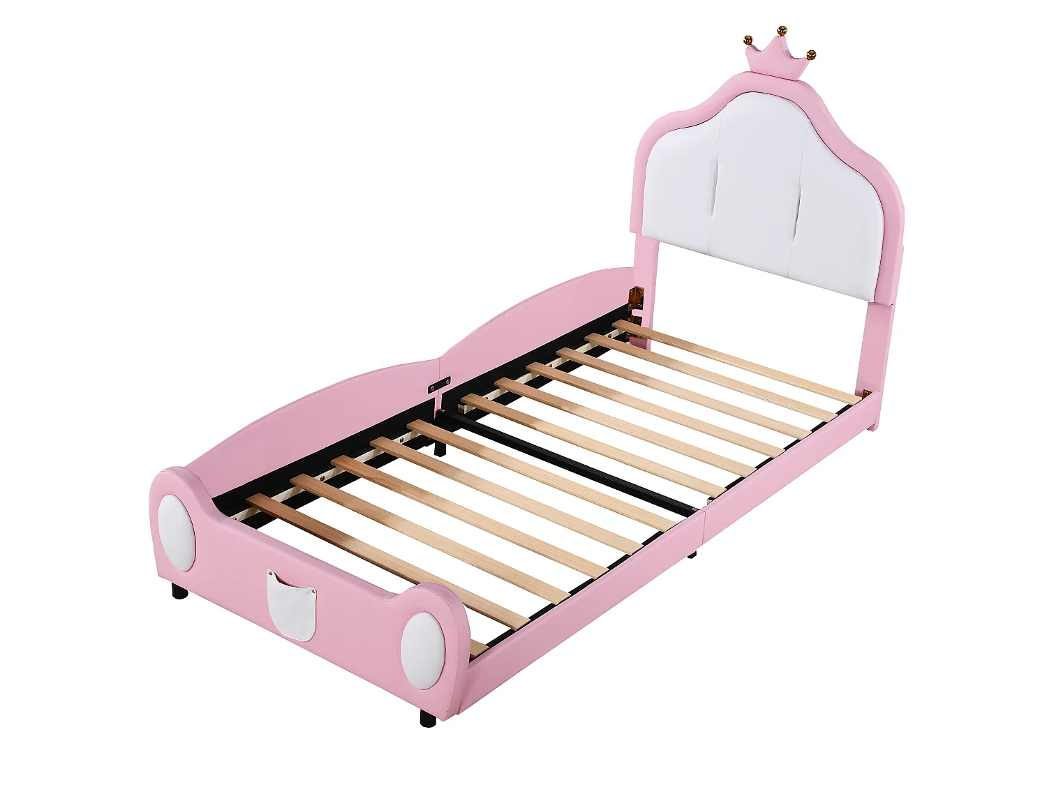 Lit Capitonné Enfant 90x200 cm, Rose, Couronne, Tête, Pied, Bicolore, Cuir PU, 200KG, Stable, Sans Matelas, Design Princesse