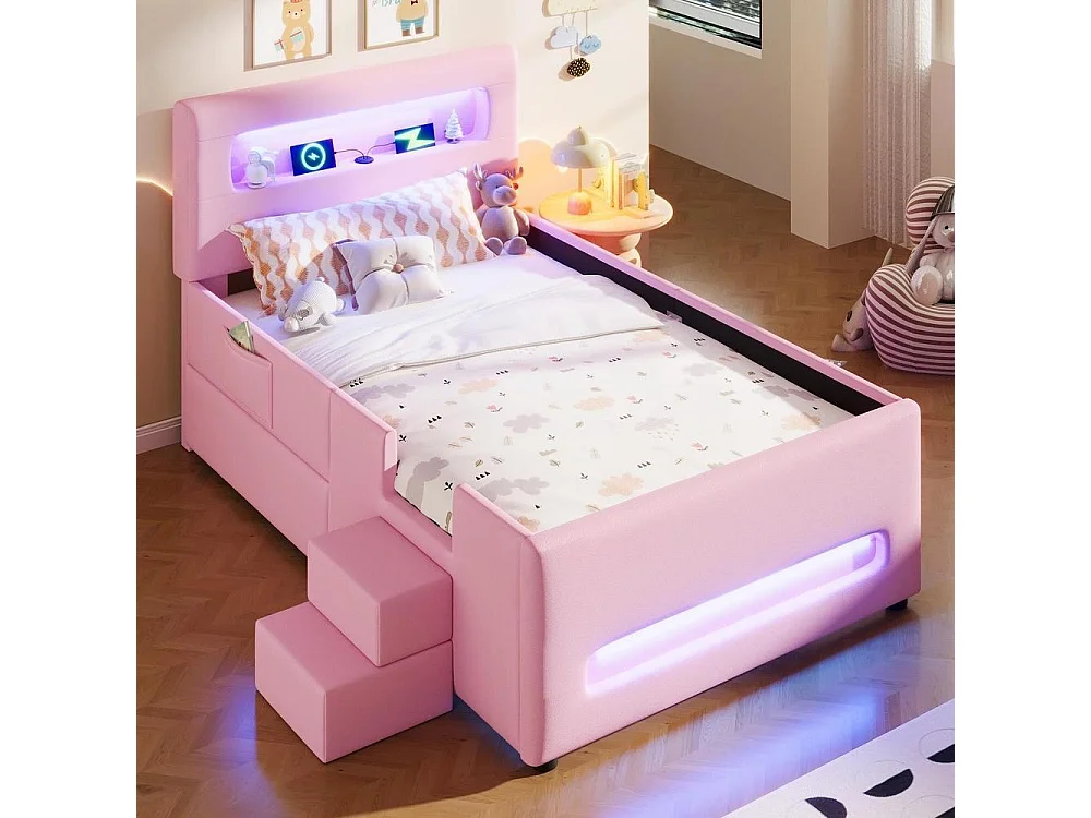 Lit plateforme capitonné 90x200cm, escalier, tiroirs, LED, USB, pochettes rangement, robuste, moderne, sécurisé, rose