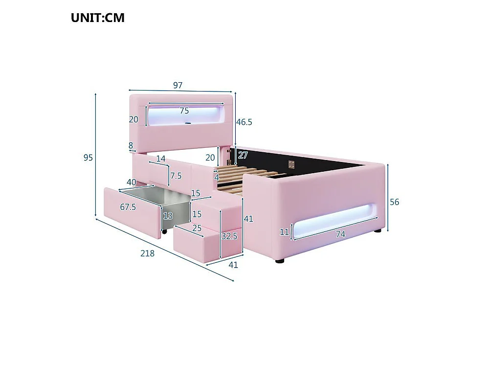 Lit plateforme capitonné 90x200cm, escalier, tiroirs, LED, USB, pochettes rangement, robuste, moderne, sécurisé, rose
