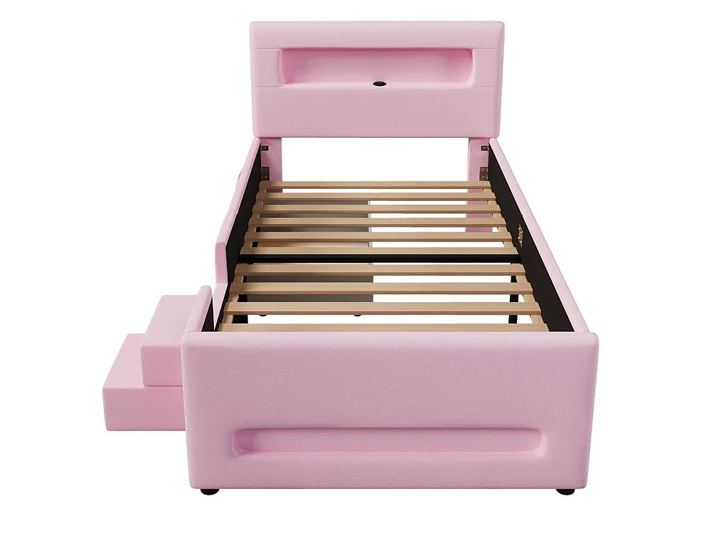 Lit plateforme capitonné 90x200cm, escalier, tiroirs, LED, USB, pochettes rangement, robuste, moderne, sécurisé, rose