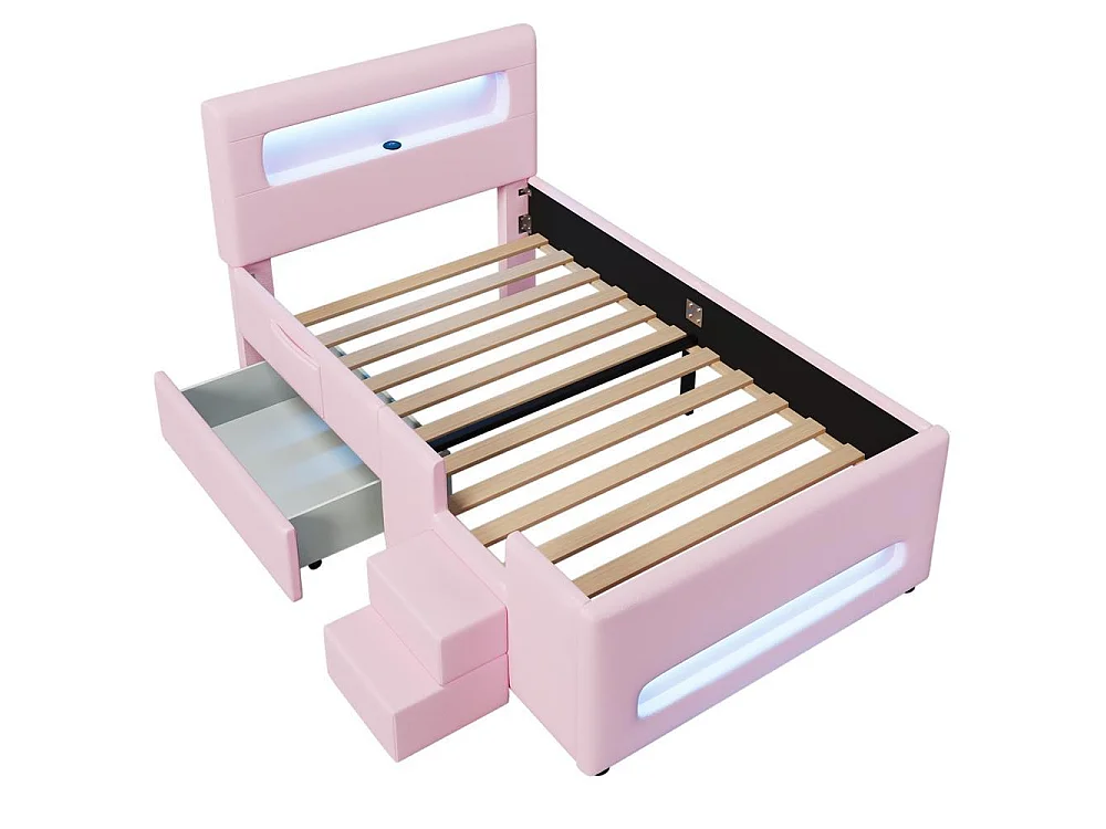 Lit plateforme capitonné 90x200cm, escalier, tiroirs, LED, USB, pochettes rangement, robuste, moderne, sécurisé, rose