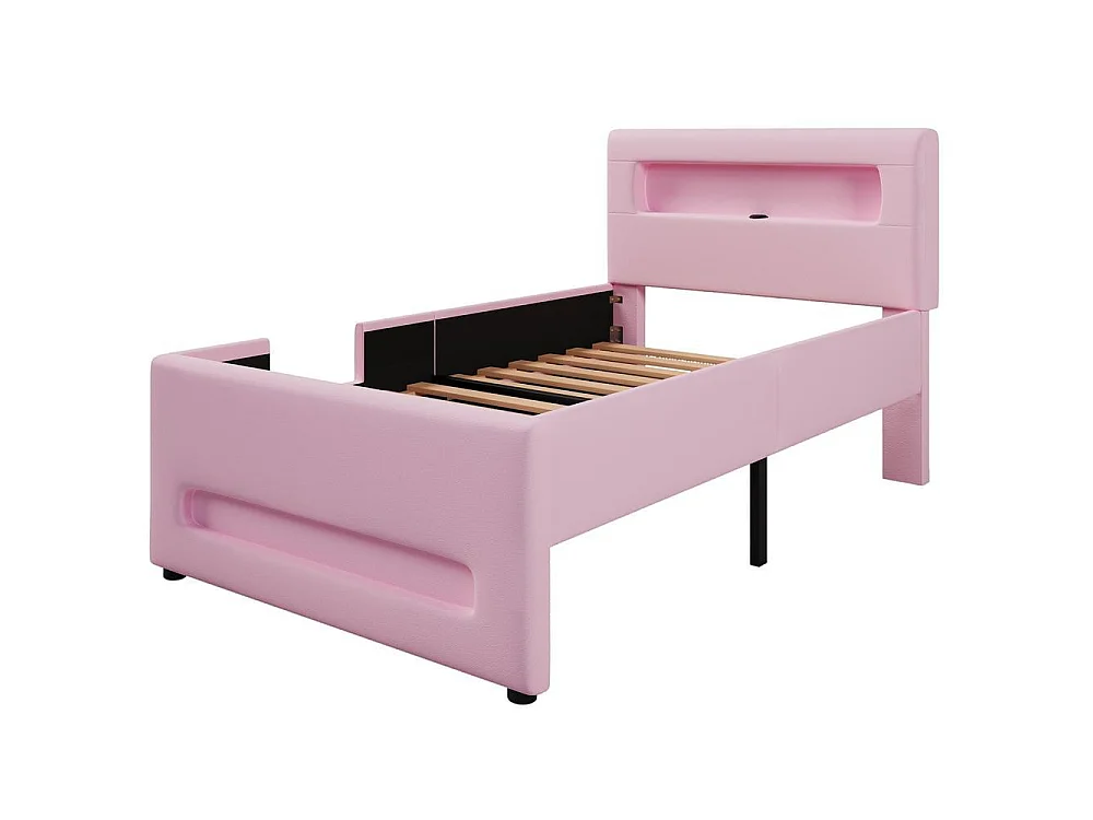 Lit plateforme capitonné 90x200cm, escalier, tiroirs, LED, USB, pochettes rangement, robuste, moderne, sécurisé, rose