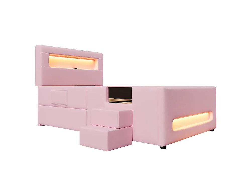 Lit plateforme capitonné 90x200cm, escalier, tiroirs, LED, USB, pochettes rangement, robuste, moderne, sécurisé, rose
