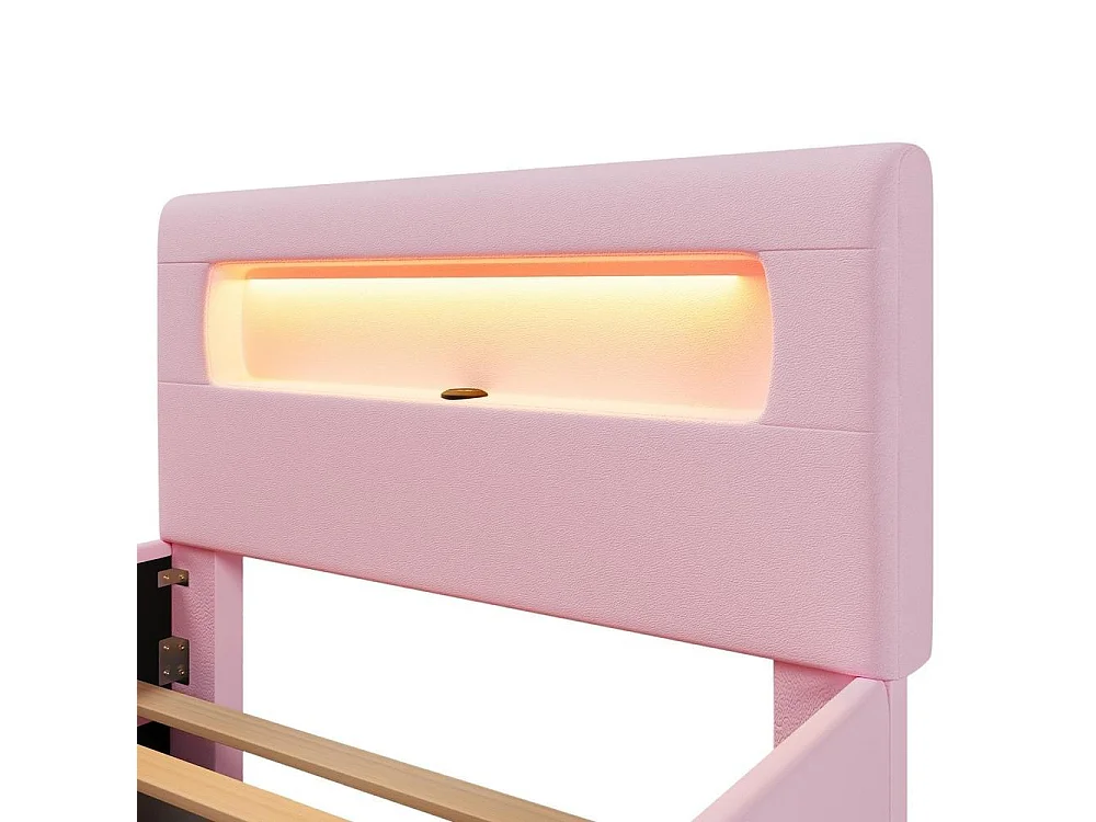Lit plateforme capitonné 90x200cm, escalier, tiroirs, LED, USB, pochettes rangement, robuste, moderne, sécurisé, rose