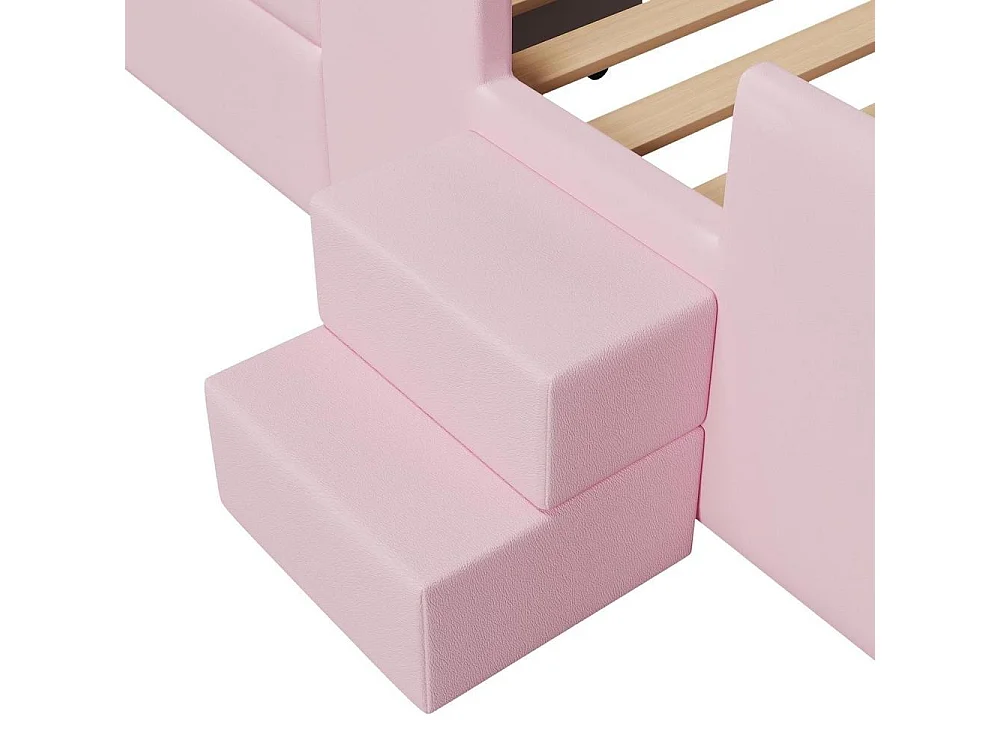 Lit plateforme capitonné 90x200cm, escalier, tiroirs, LED, USB, pochettes rangement, robuste, moderne, sécurisé, rose